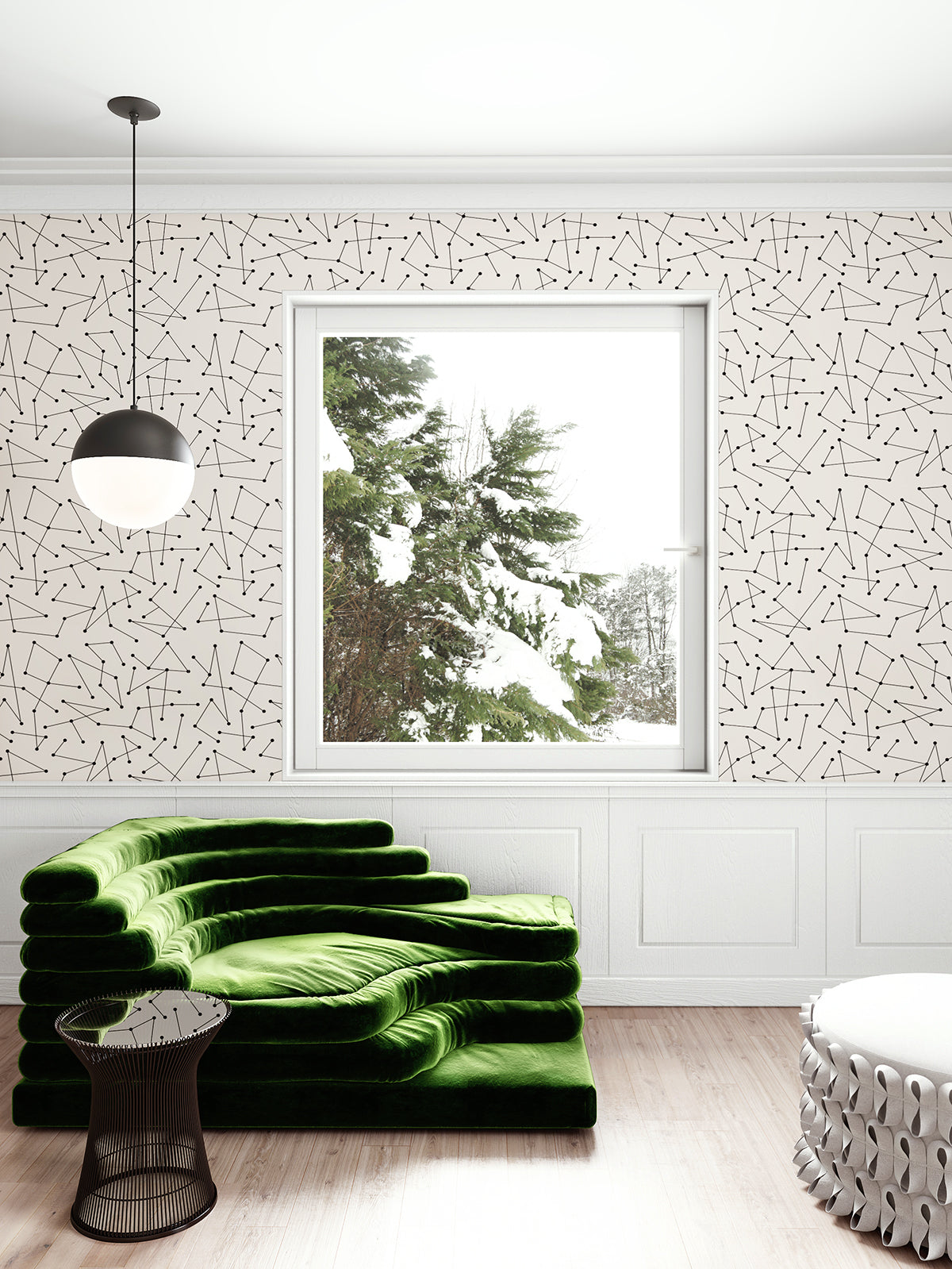 The Dot to Dot© Wallpaper in Black + Cremé in a lounge area from drop it MODERN.