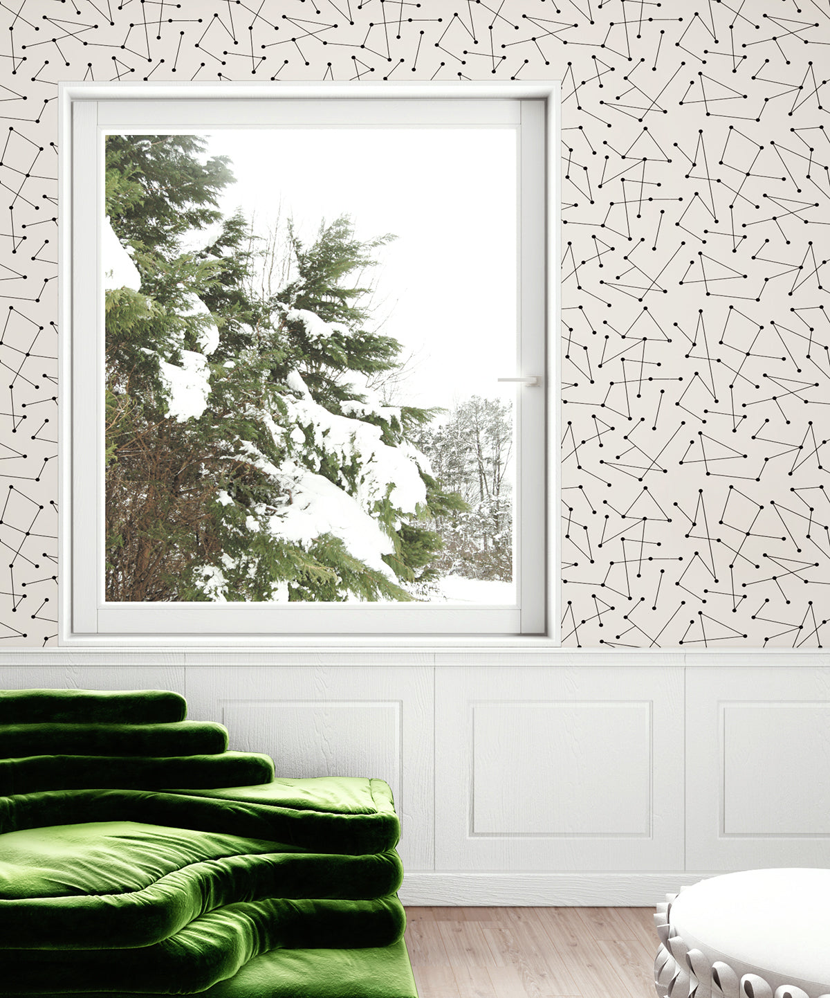 The Dot to Dot© Wallpaper in Black + Cremé in a living room from drop it MODERN.