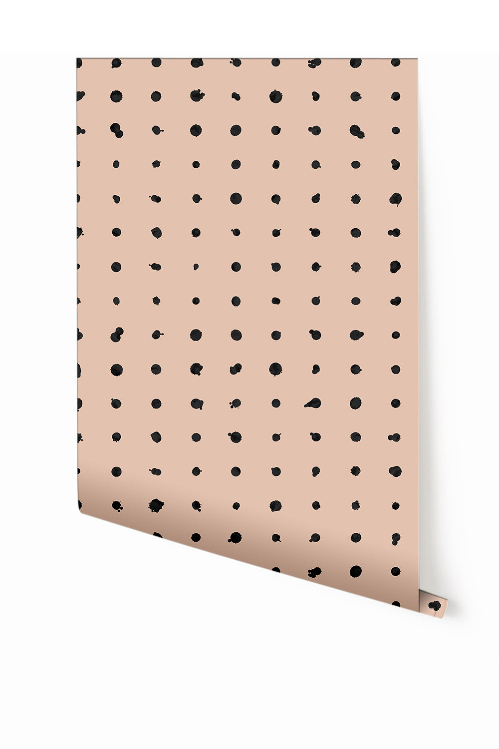 A roll of dotted line wallpaper with a beige background and black dots pattern from drop it MODERN.