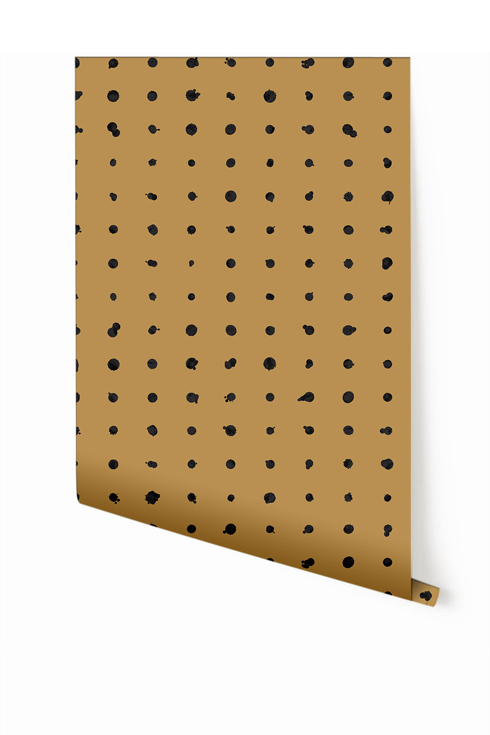 A roll of dotted line wallpaper in mustard yellow color with black dots pattern from drop it MODERN.