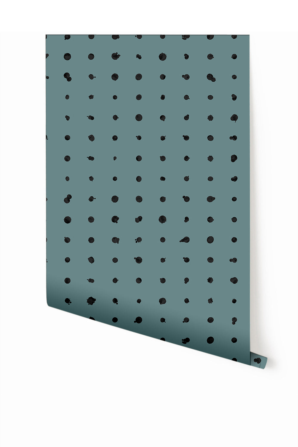 A roll of dotted line wallpaper in teal color with a geometric pattern consisting of circles from drop it MODERN.