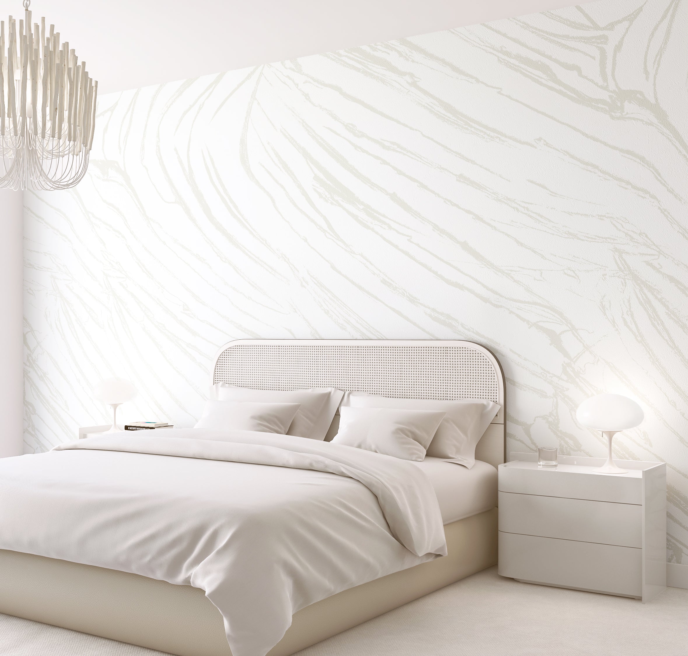 The Dune© Mural Wallpaper in White in a bedroom from drop it MODERN.