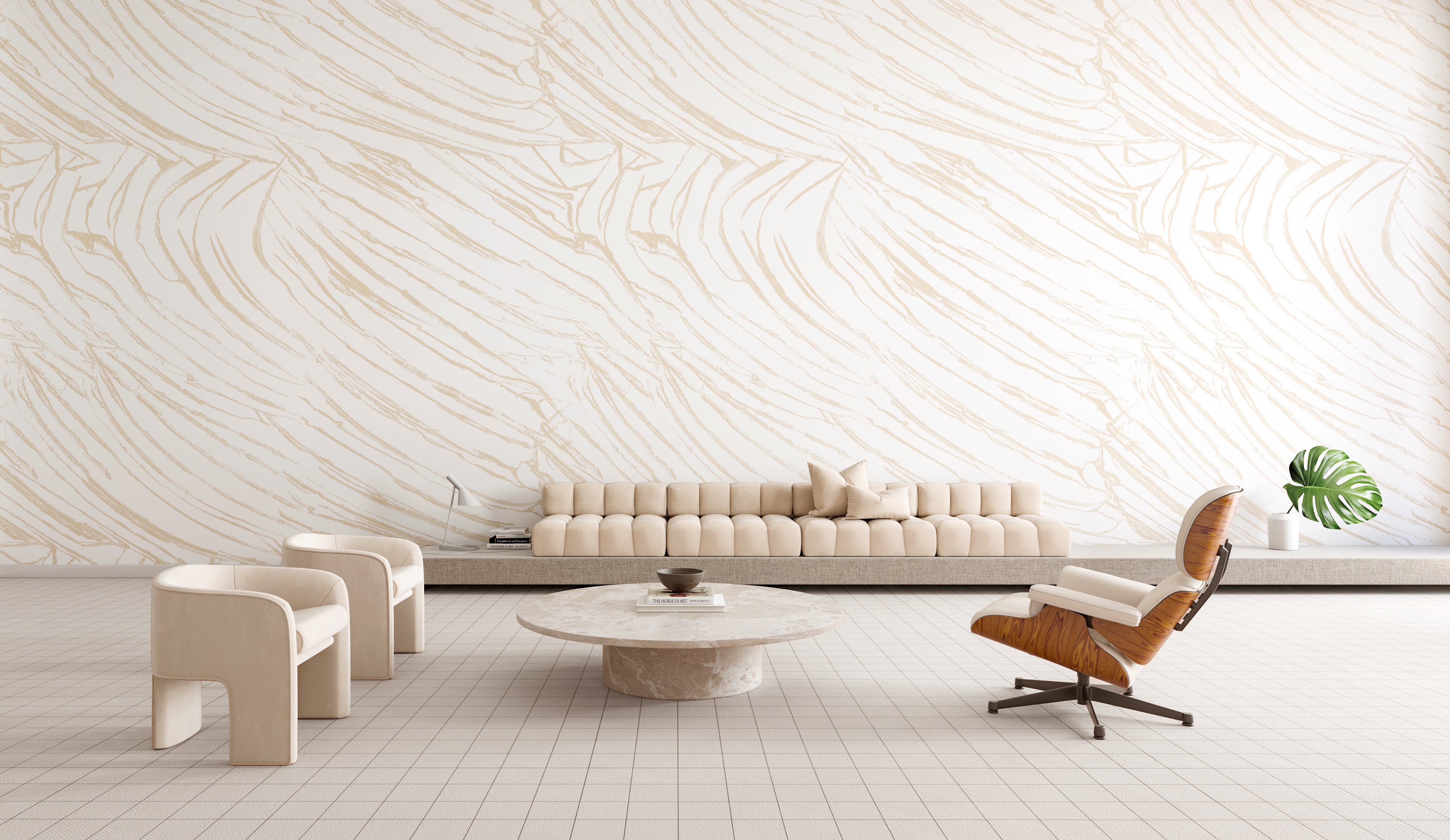 The Dune© Mural Wallpaper in Cremé in a lobby area from drop it MODERN.