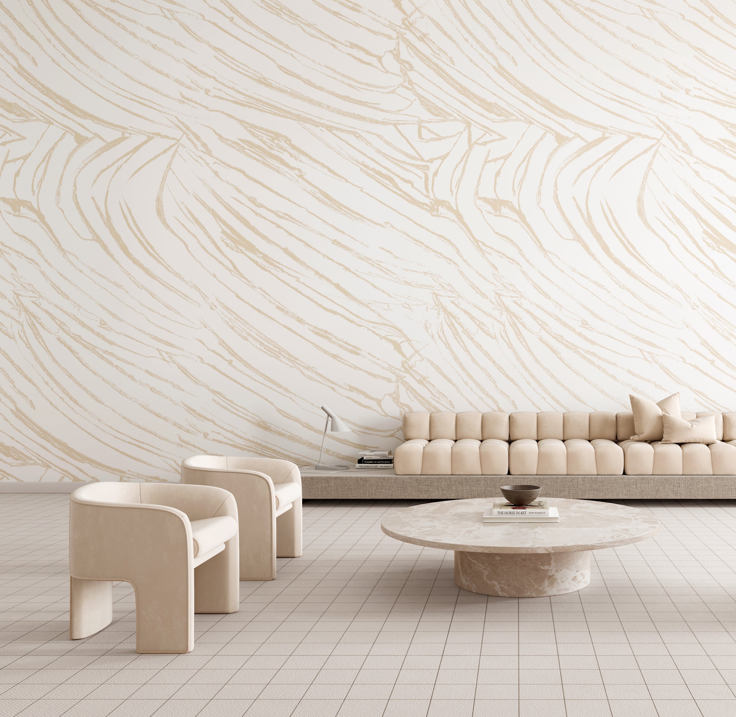 The Dune© Mural Wallpaper in Cremé in a lounge area from drop it MODERN.