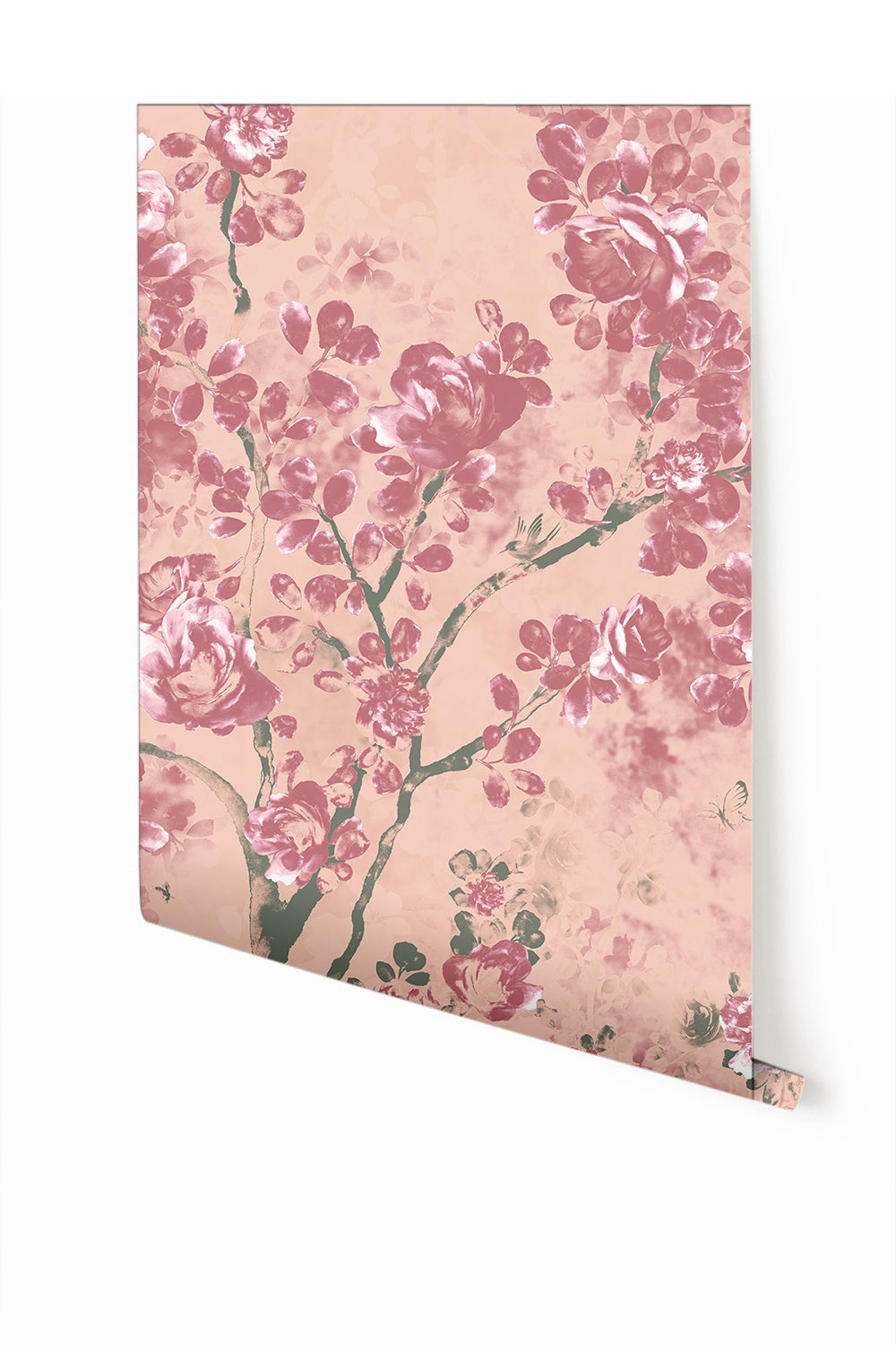 A section of mural wallpaper showing a floral pattern with pink and green colors on a beige background from drop it MODERN.