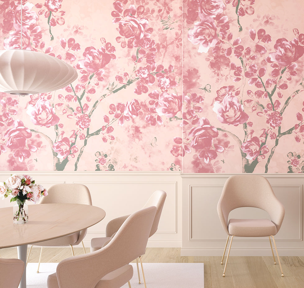The Eden© Mural Wallpaper in Mauve in an interior from drop it MODERN.