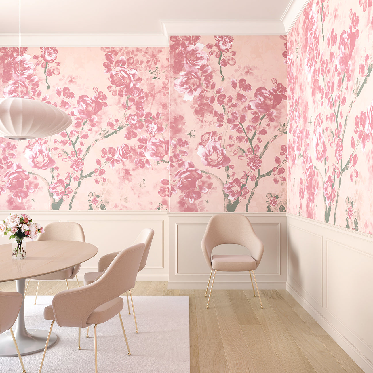The Eden© Mural Wallpaper in Mauve in a dining room from drop it MODERN.