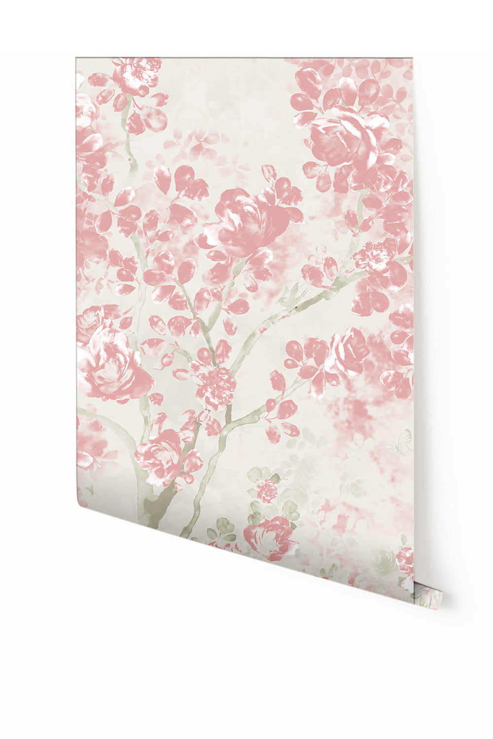 A section of mural wallpaper depicting a floral pattern with beige, creme, and pink colors from drop it MODERN.