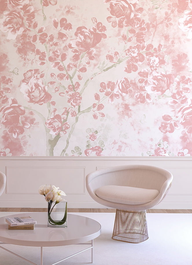 The Eden© Mural Wallpaper in Petal in a lounge area from drop it MODERN.