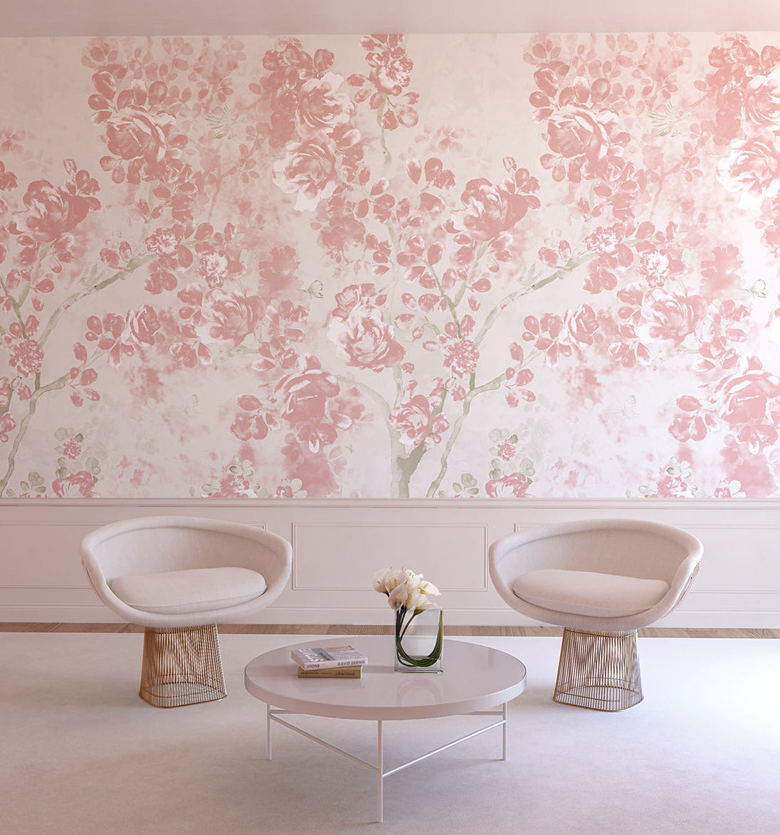 The Eden© Mural Wallpaper in Petal in a seating area from drop it MODERN.