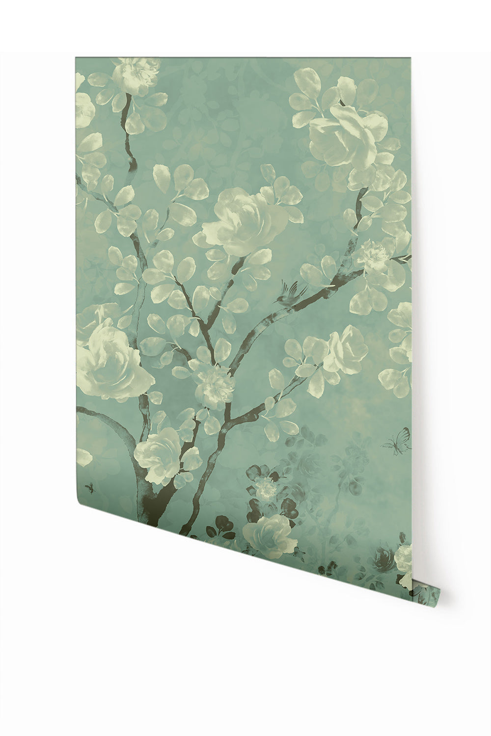 A section of mural wallpaper depicting a floral pattern with beige, blue, and green colors on a teal background from drop it MODERN.