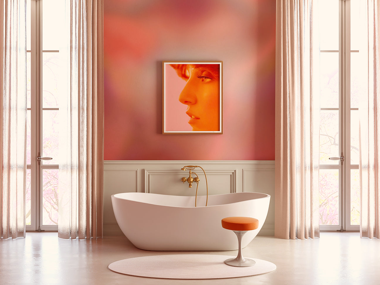 The Electricity© Mural Wallpaper in Groovy Pink in a master bathroom from drop it MODERN.