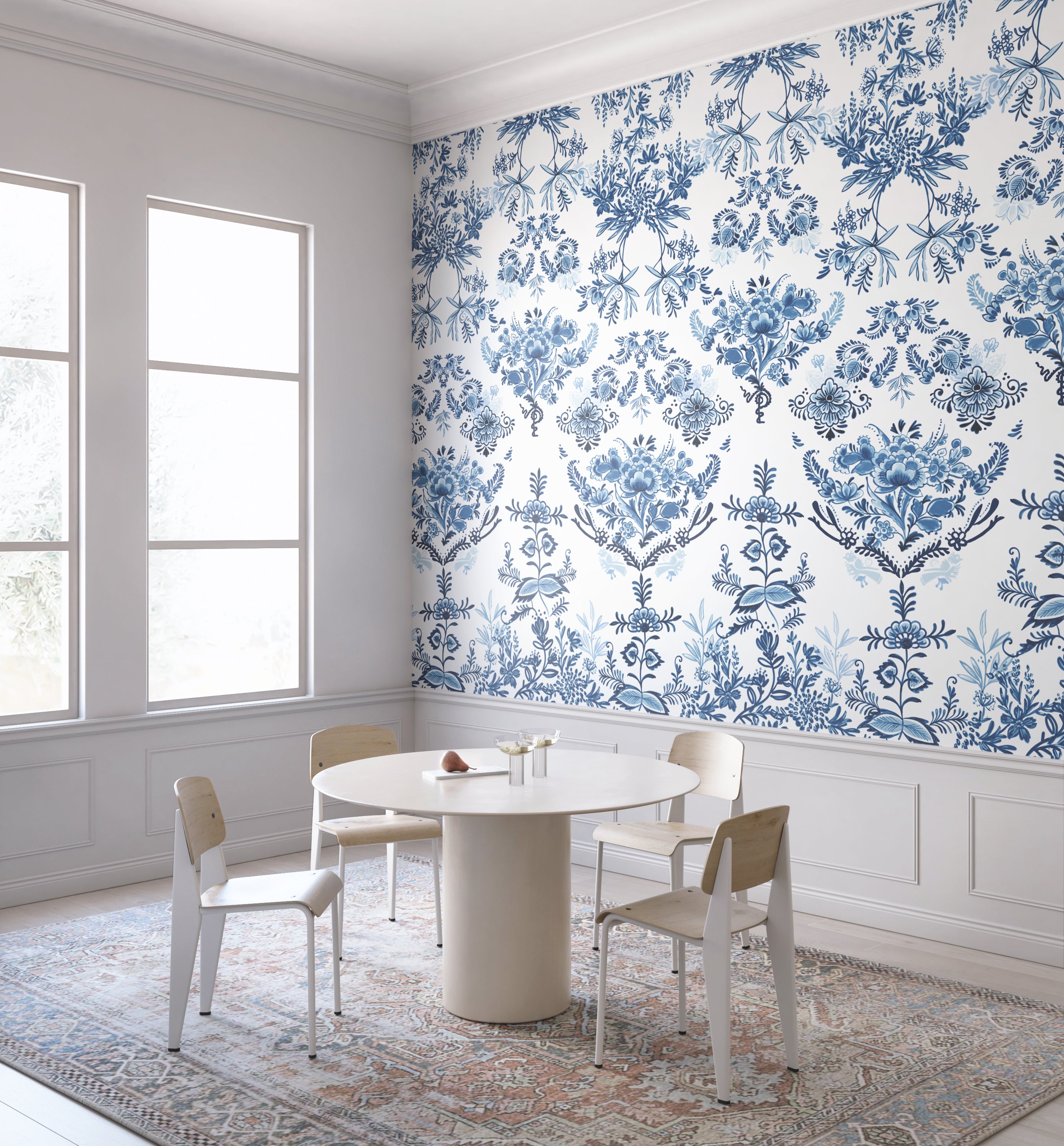 The Delft© Mural Wallpaper in Blue in a dining room from drop it MODERN.