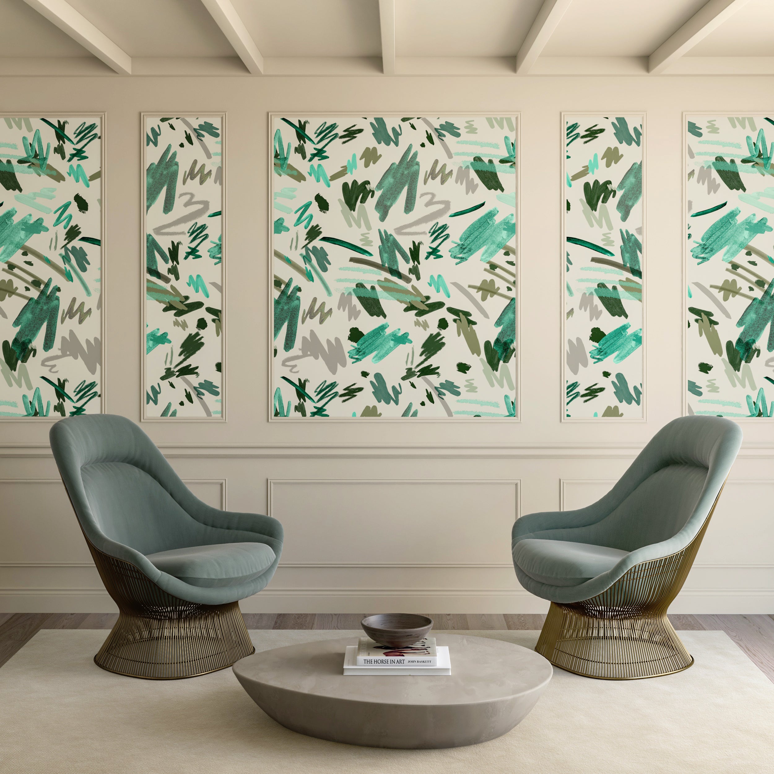 The Hieroglyphics© Wallpaper in Grass in a lounge area from drop it MODERN