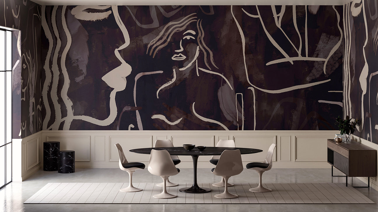 The Famke© Mural Wallpaper in Charcoal in a dining room from drop it MODERN.