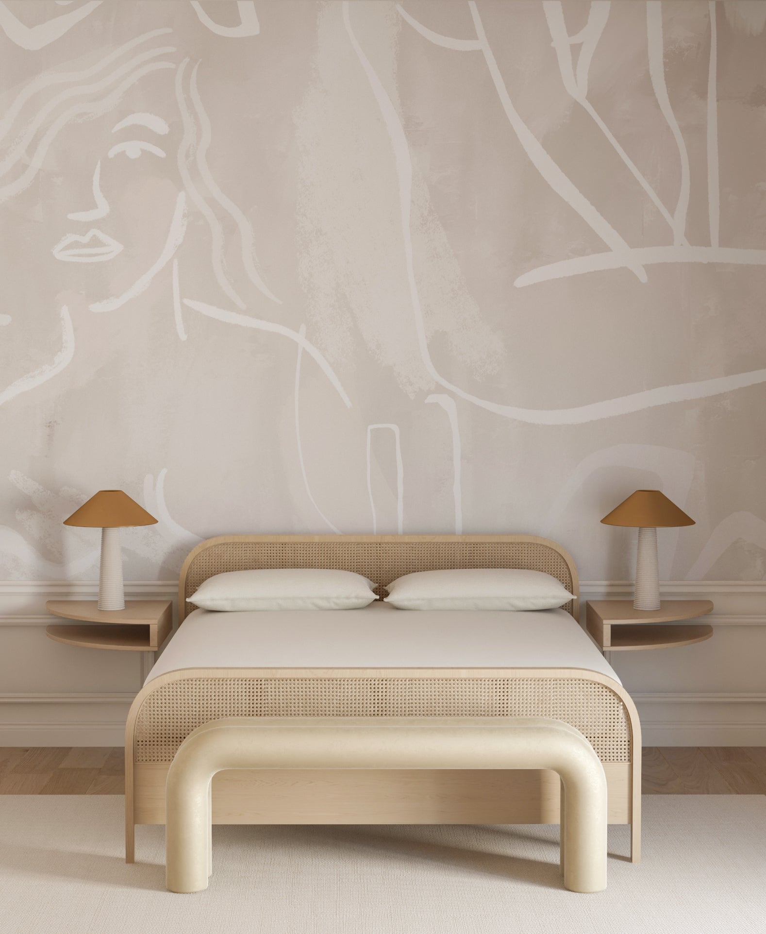 The Famke© Mural Wallpaper in Chalk in a bedroom from drop it MODERN.
