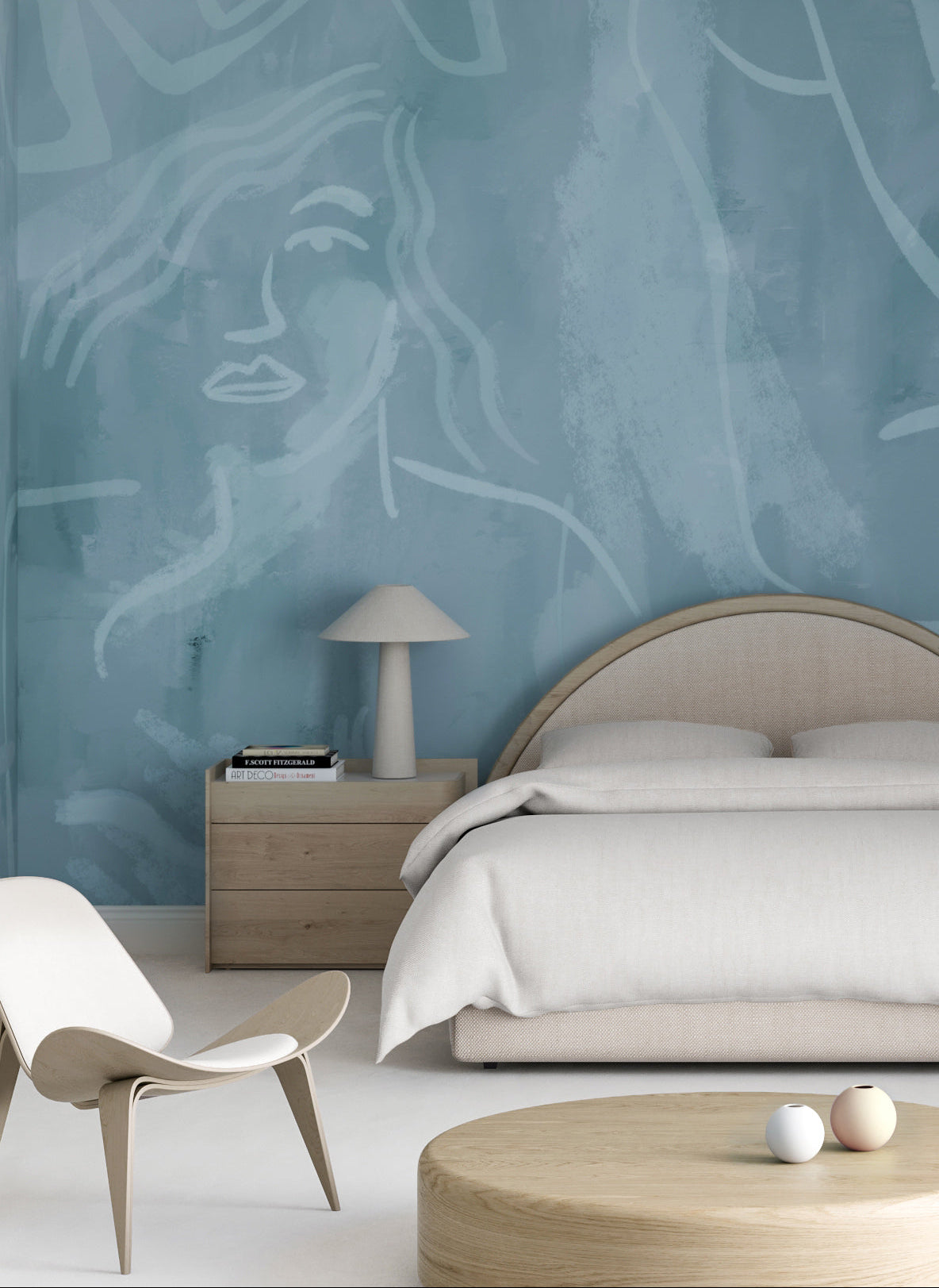 Modern bedroom with abstract wall art, bed, nightstand, and chair from drop it MODERN.