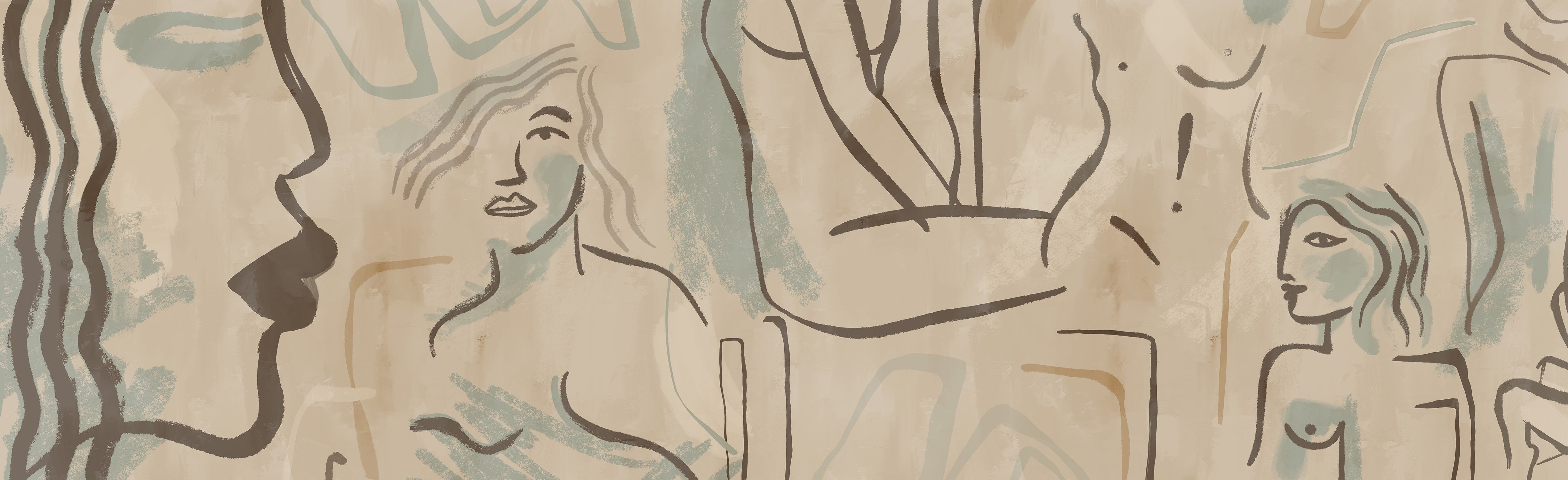 A section of mural wallpaper depicting abstract line art with beige, blue, brown, and green colors from drop it MODERN.