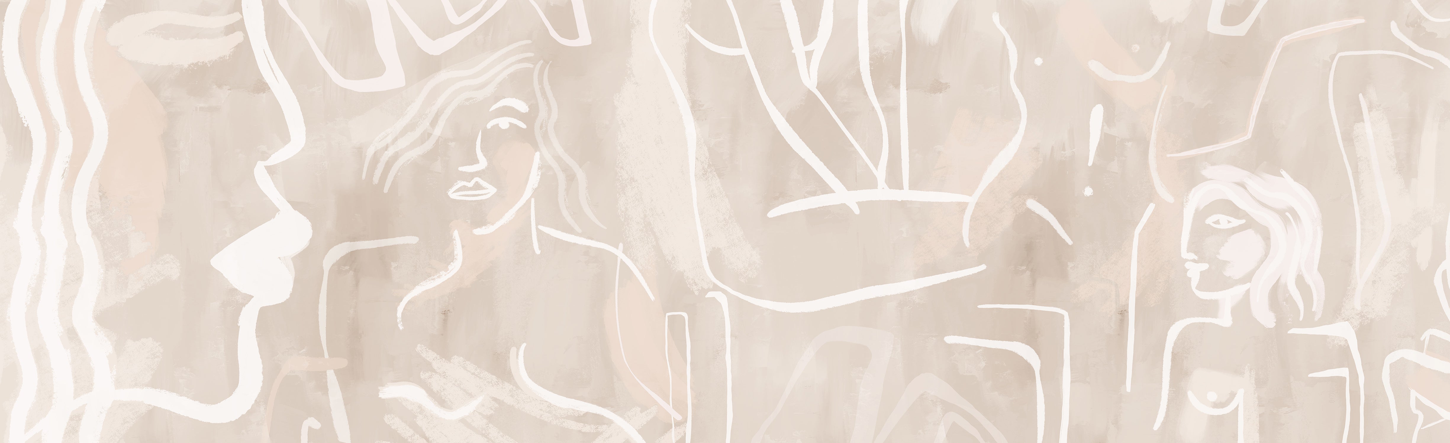 A section of mural wallpaper depicting an abstract face in beige, brown, and white tones from drop it MODERN.