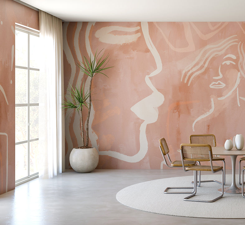 The Famke© Mural Wallpaper in Terracotta in a dining room from drop it MODERN.