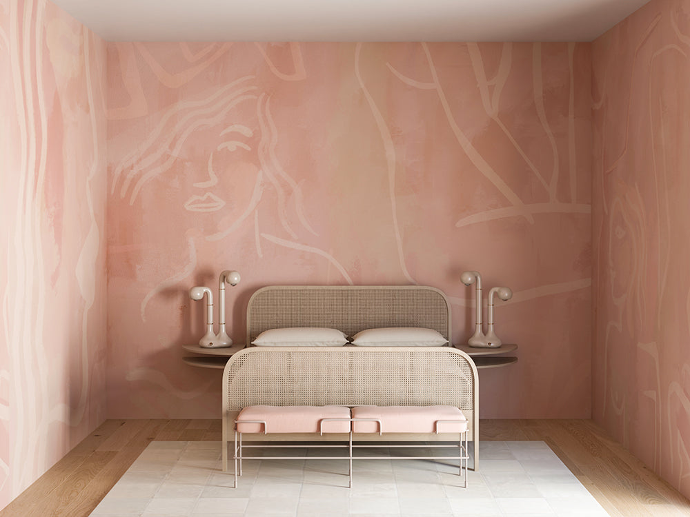 The Famke© Mural Wallpaper in Rose Pink in a bedroom from drop it MODERN.