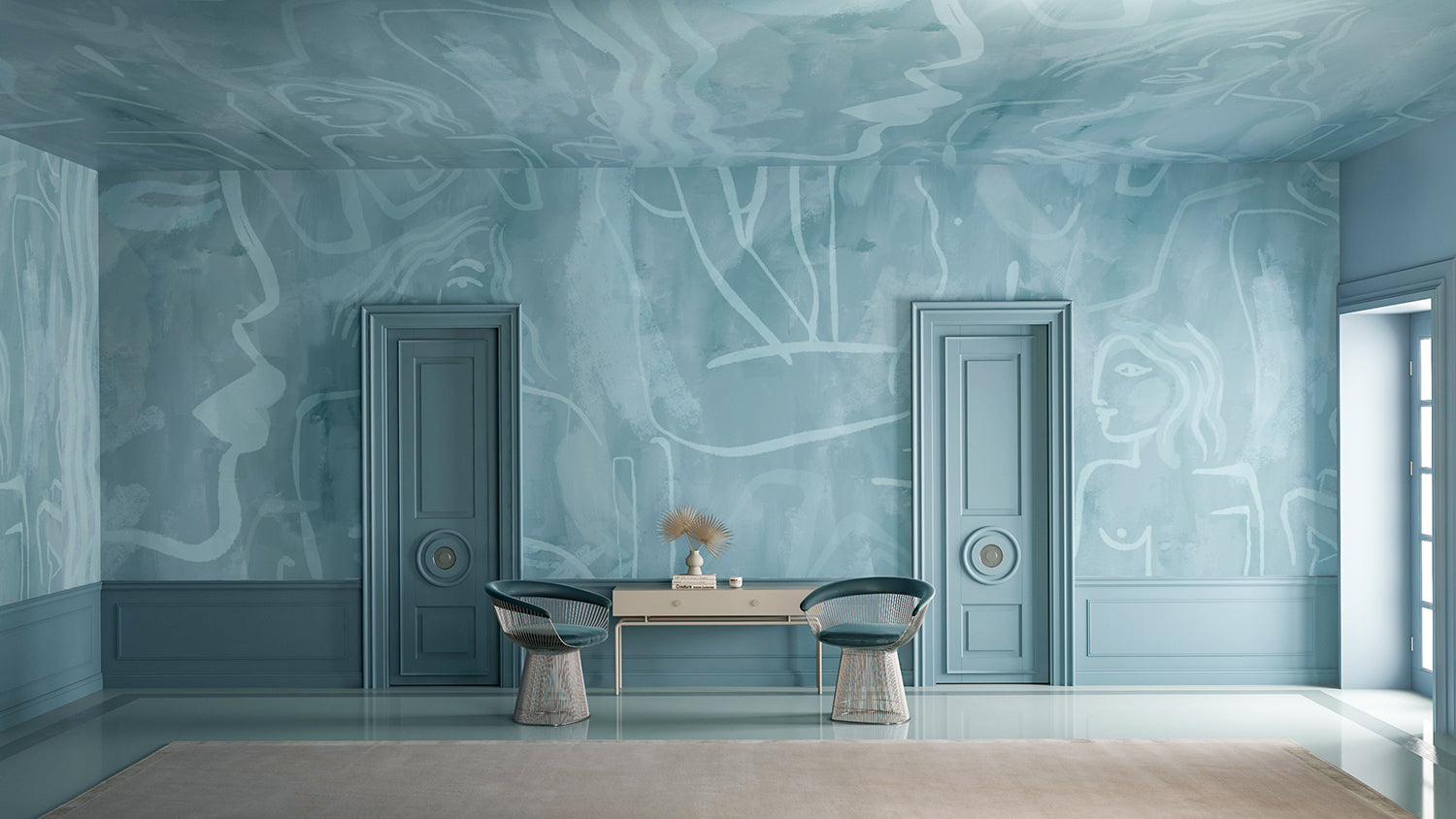 The Famke© Mural Wallpaper in Lapis Blue in an interior from drop it MODERN.