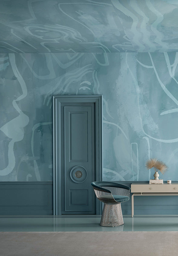 The Famke© Mural Wallpaper in Lapis Blue in a family room from drop it MODERN.