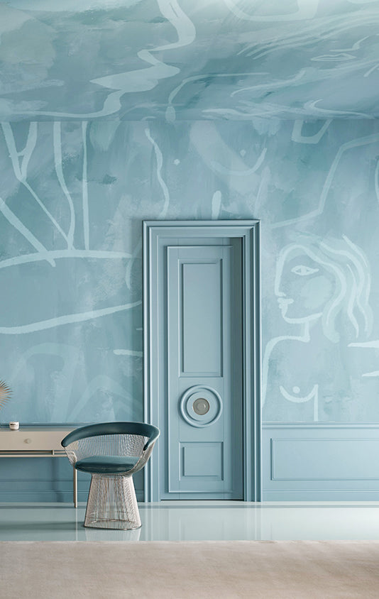 The Famke© Mural Wallpaper in Lapis Blue in a lobby from drop it MODERN.
