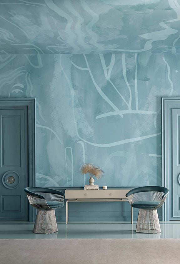 The Famke© Mural Wallpaper in Lapis Blue in a lounge room from drop it MODERN.