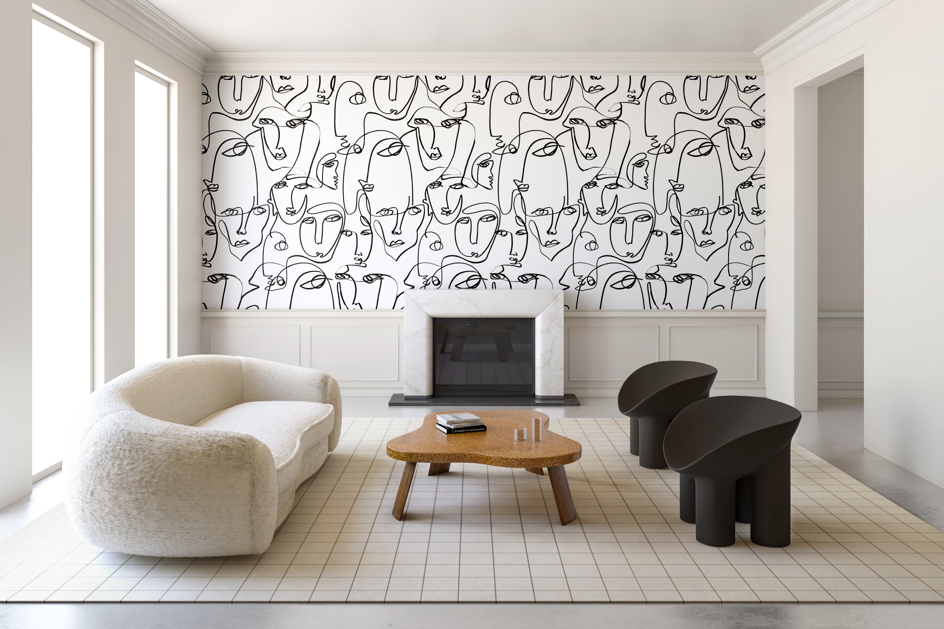 The Femme© Wallpaper in Black + White in a living room from drop it MODERN.