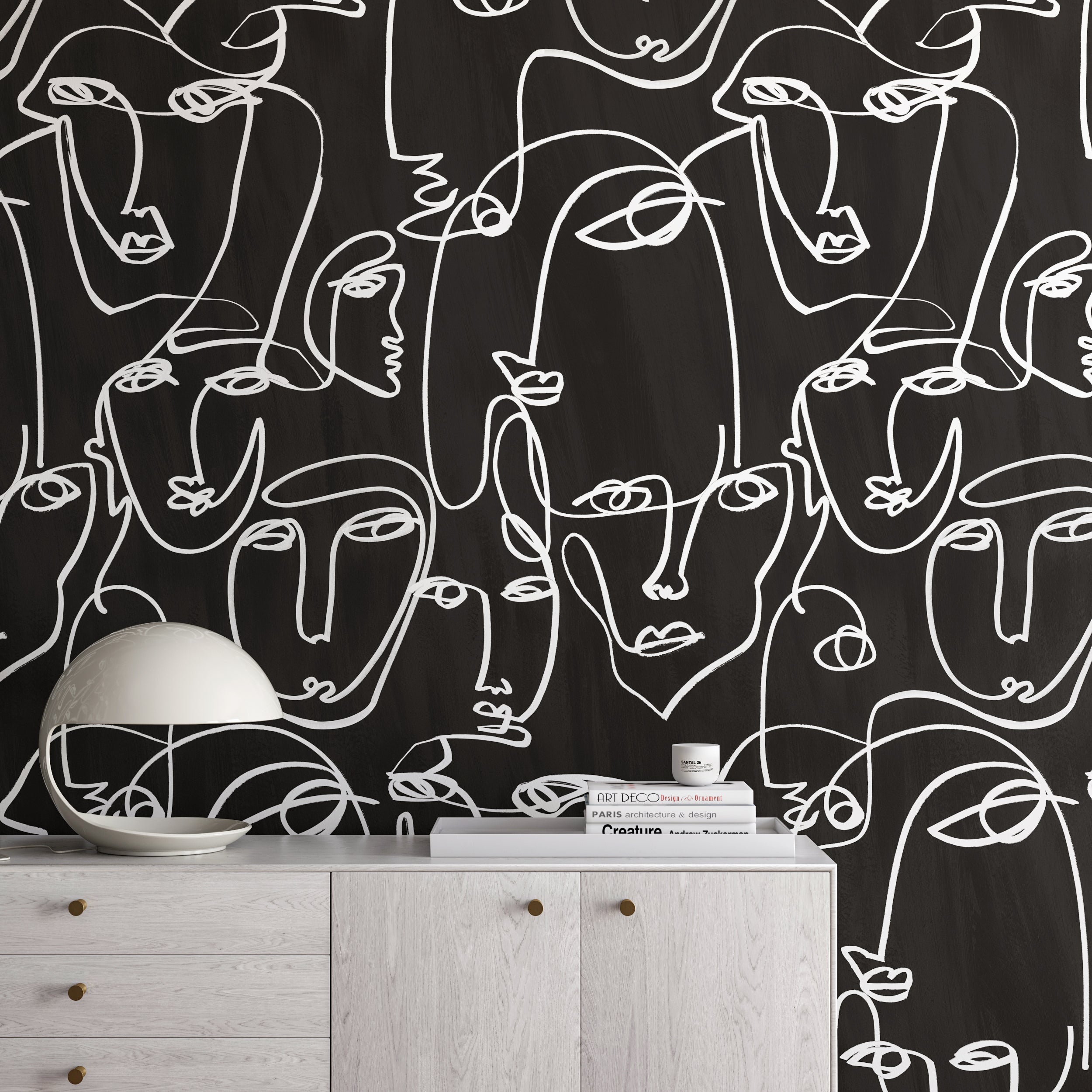 The Femme© Wallpaper in Charcoal Black in an interior from drop it MODERN.