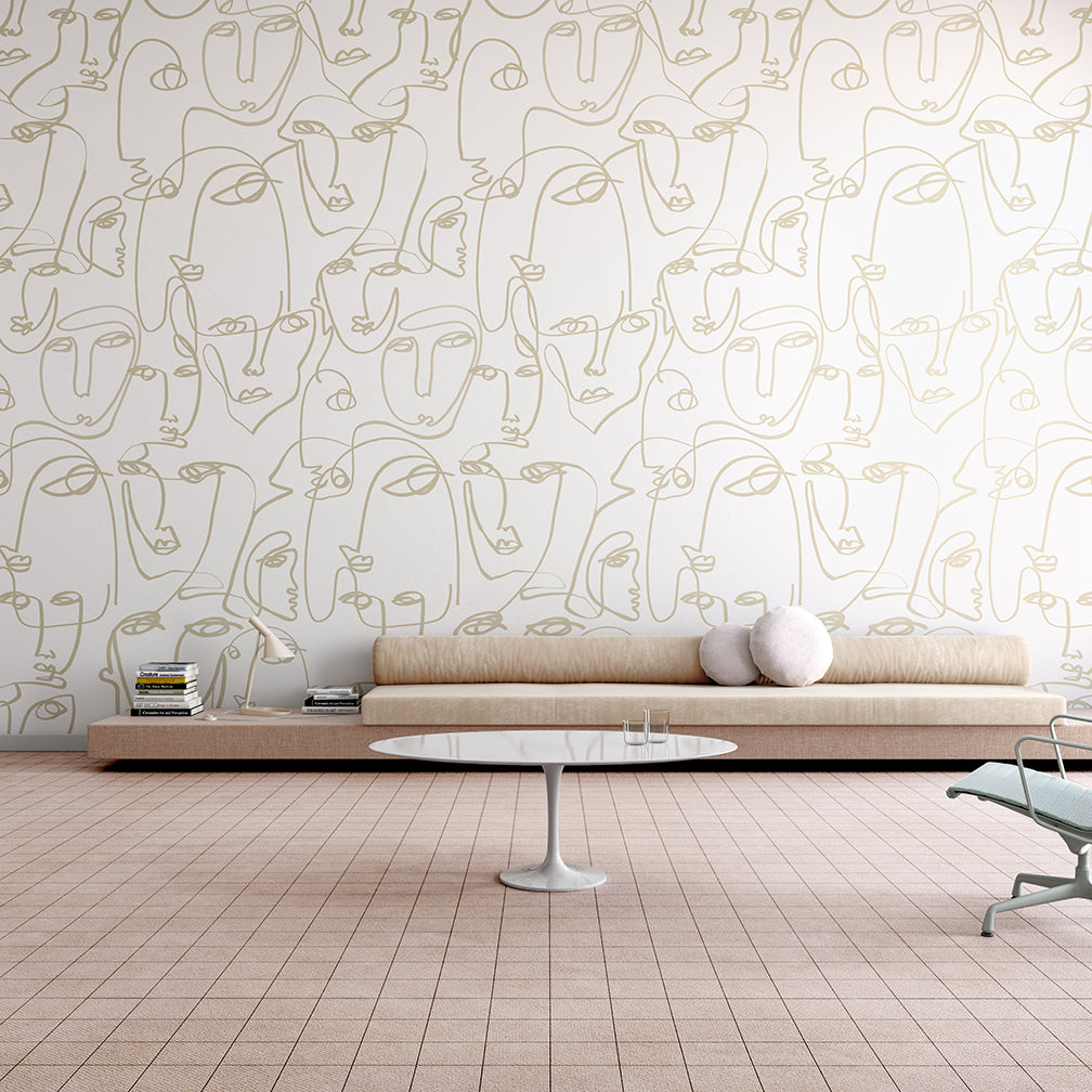 The Femme© Wallpaper in Sand in a living room from drop it MODERN.