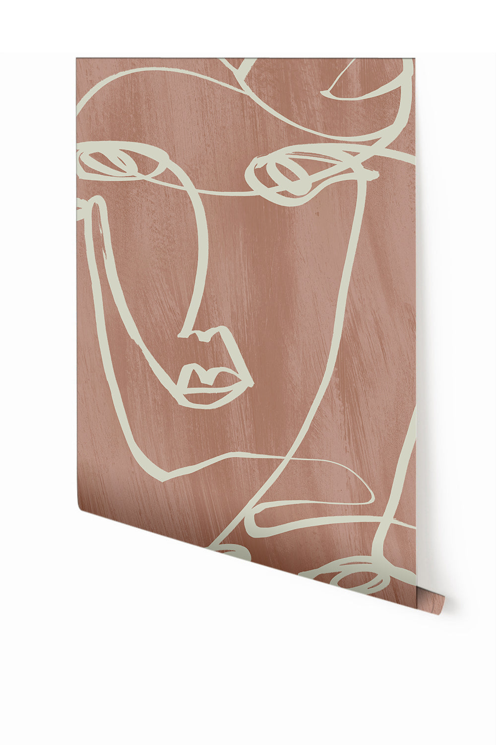 A section of wallpaper showing a terracotta background with a beige and white line drawing of a female face and figure from drop it MODERN.