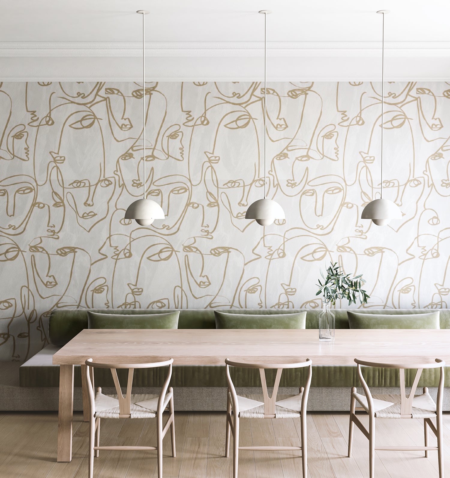 The Femme© Wallpaper in Nude in a dining room setting from drop it MODERN.