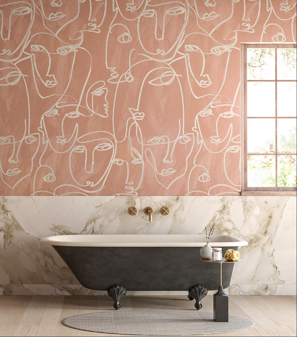 The Femme© Wallpaper in Terracotta in a bathroom from drop it MODERN.