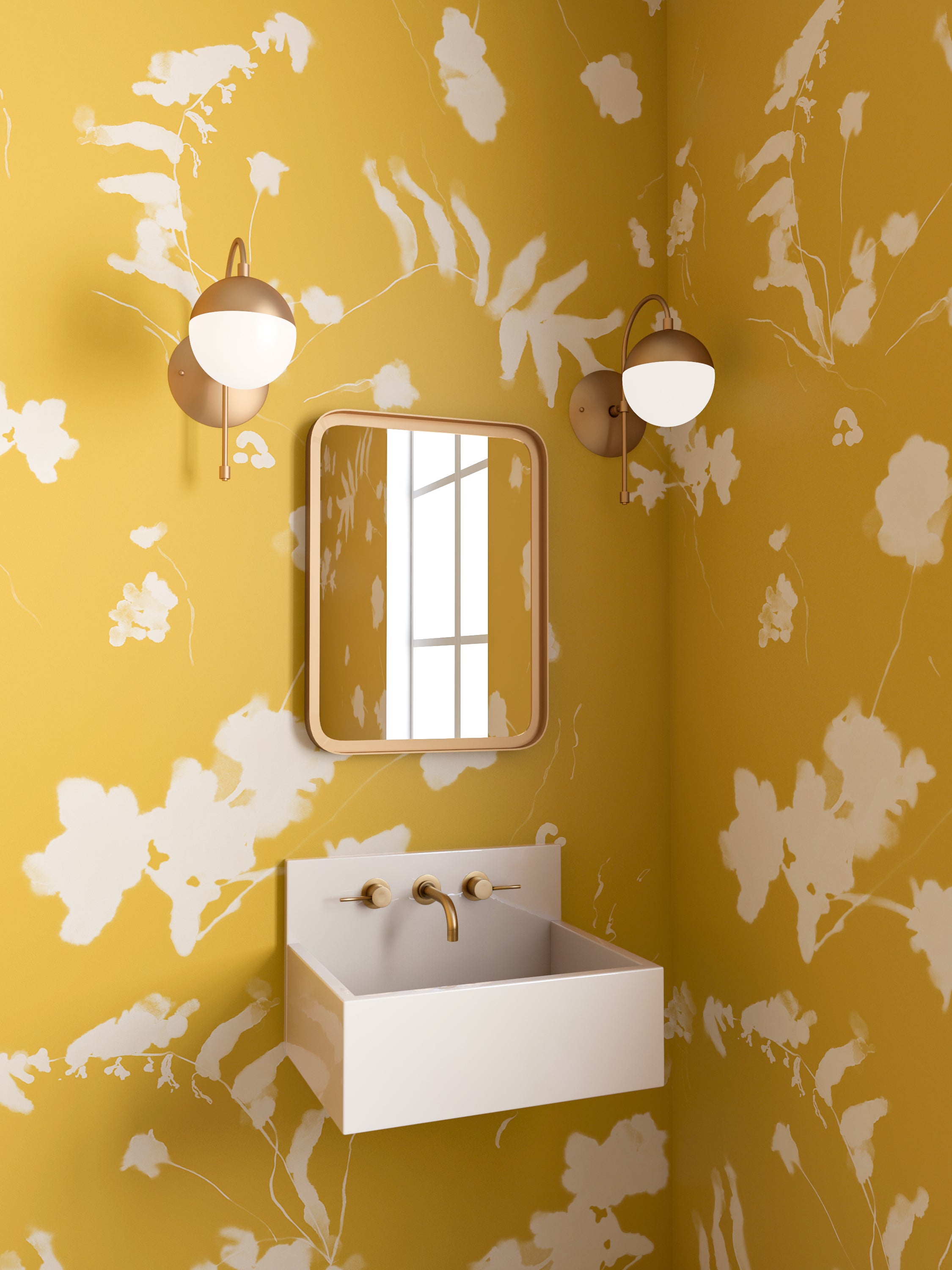The Greenhouse© Wallpaper in Mustard in a bathroom from drop it MODERN