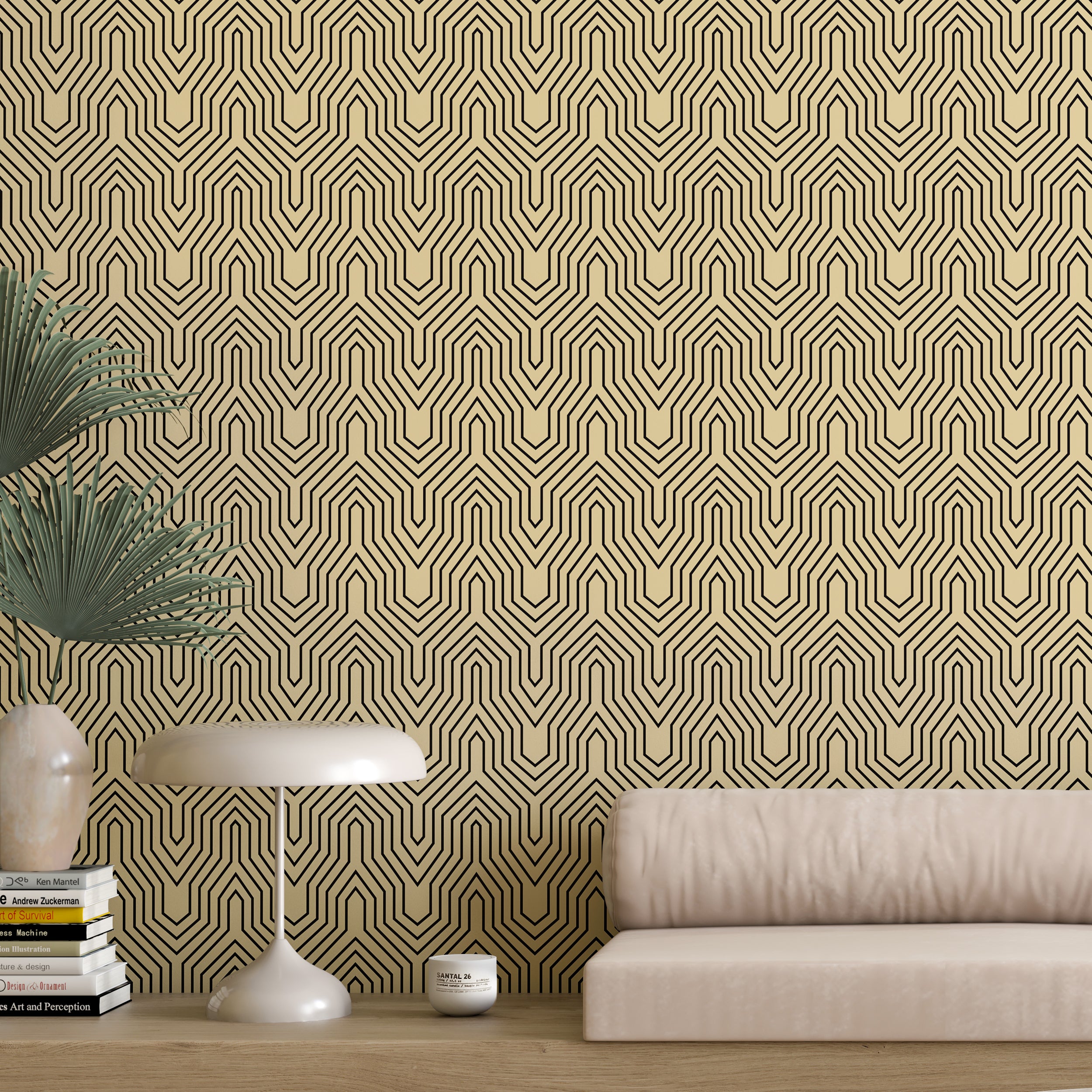 The Gatsby© Wallpaper in Banana in a lounge area from drop it MODERN.