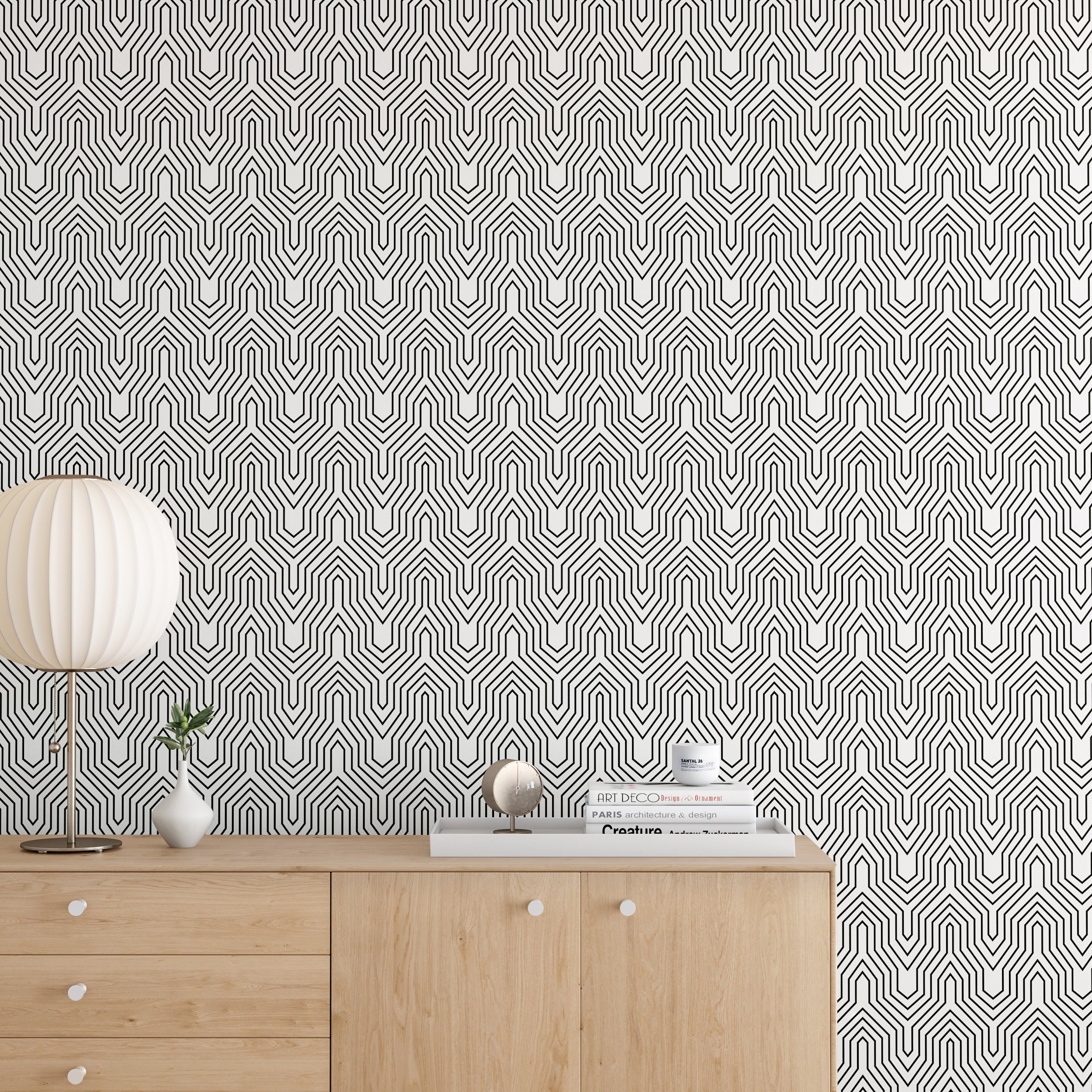 The Gatsby© Wallpaper in Black + White in an interior from drop it MODERN.