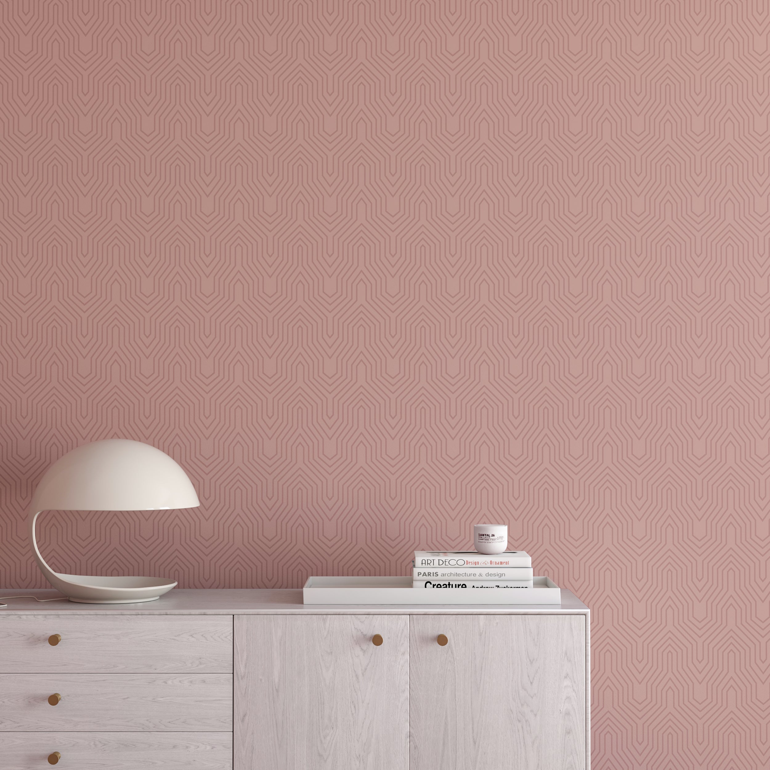 The Gatsby© Wallpaper in Mauve in an entryway from drop it MODERN.