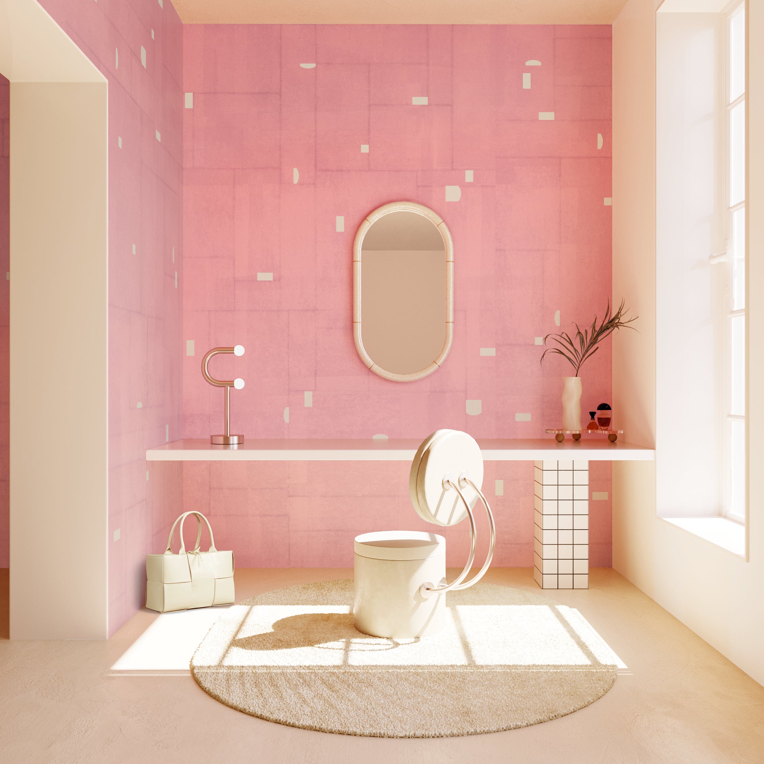 The Geometrico© Wallpaper in Abalone in a vanity space from drop it MODERN.