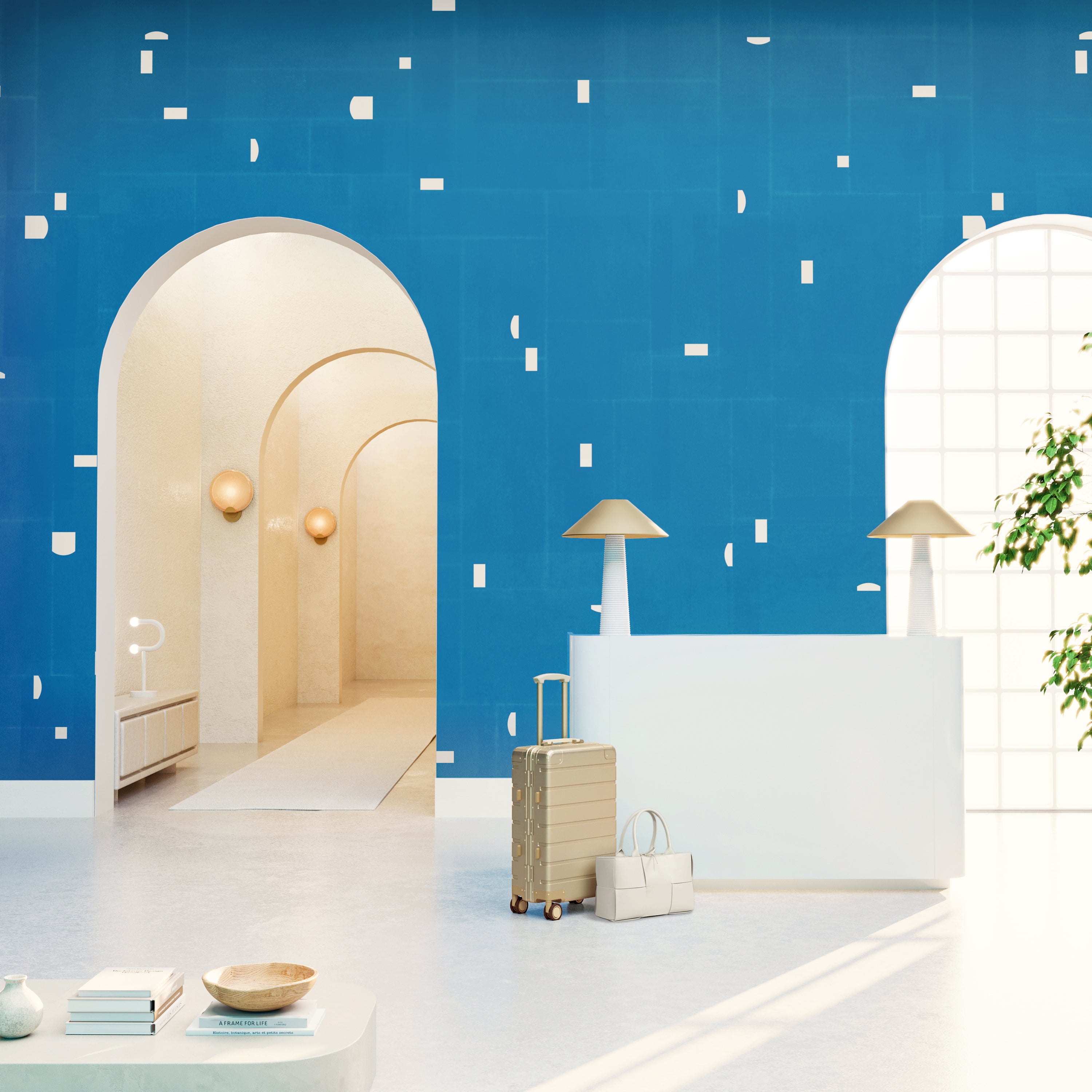 The Geometrico© Wallpaper in Aqua Net + Cremé in a hotel lobby from drop it MODERN.