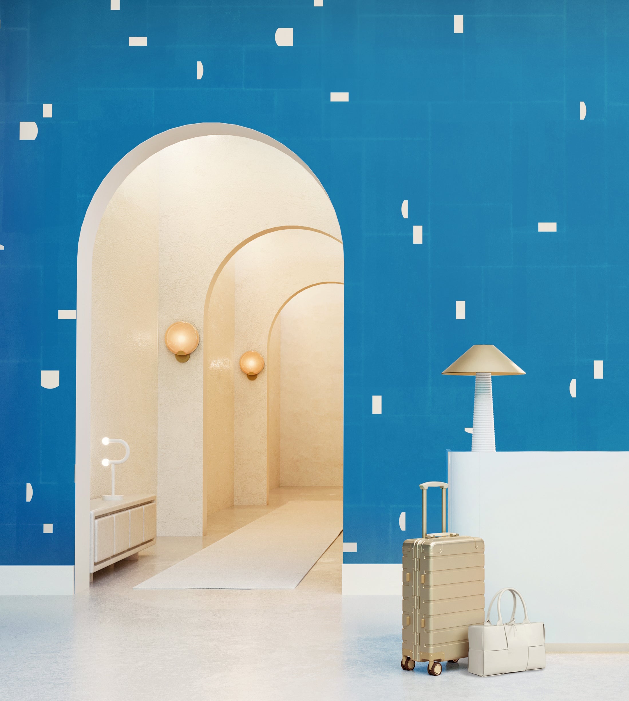 The Geometrico© Wallpaper in Aqua Net + Cremé in an interior from drop it MODERN.