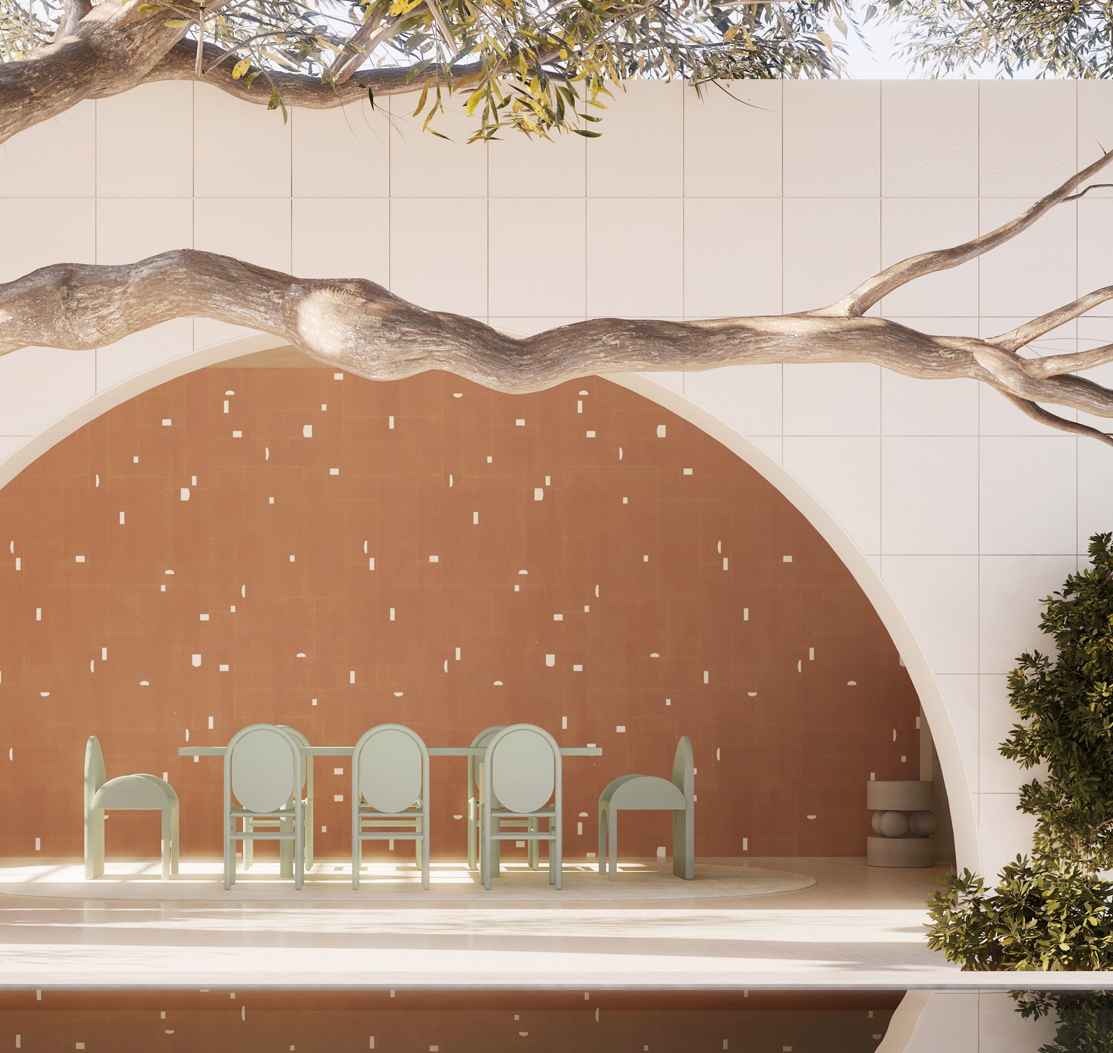 The Geometrico© Wallpaper in Beetlejuice + Cremé in an interior from drop it MODERN.