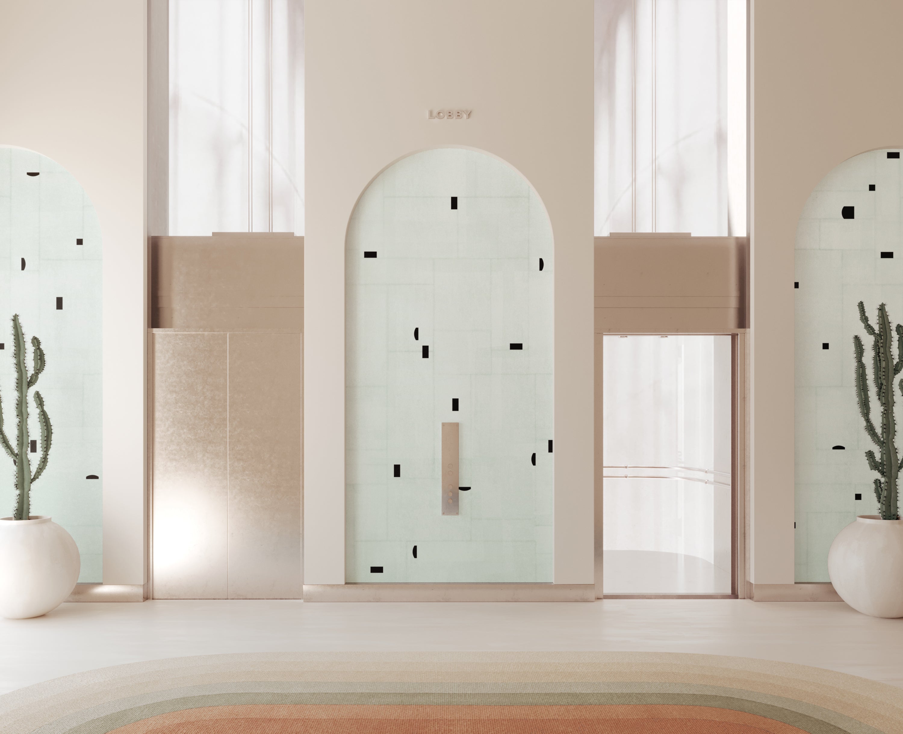 The Geometrico© Wallpaper in Blue + Black in a hotel lobby from drop it MODERN.