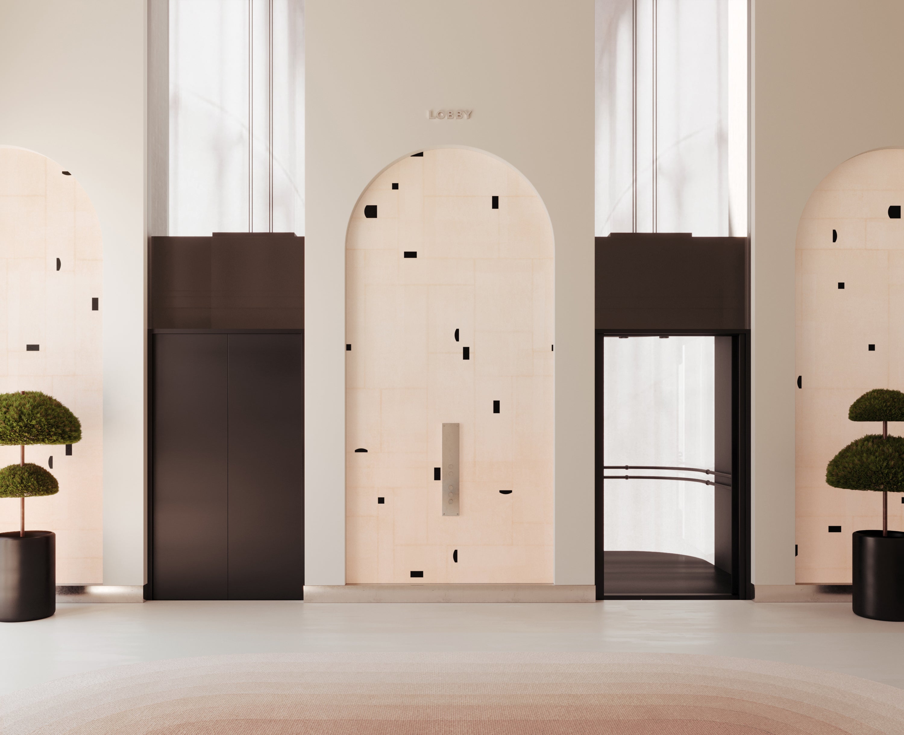 The Geometrico© Wallpaper in Blush + Black in a hotel lobby from drop it MODERN.