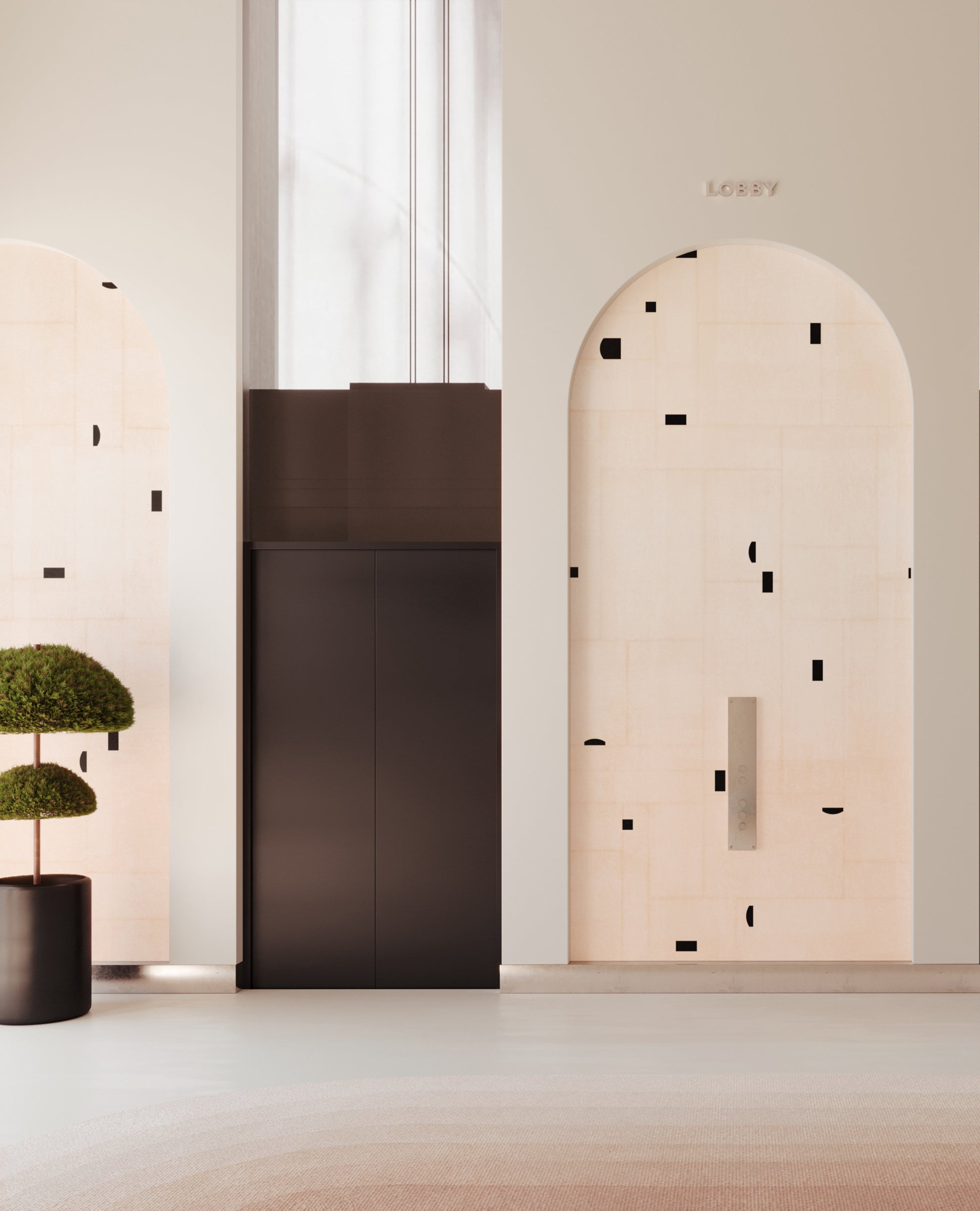 The Geometrico© Wallpaper in Blush + Black in a commercial interior from drop it MODERN.