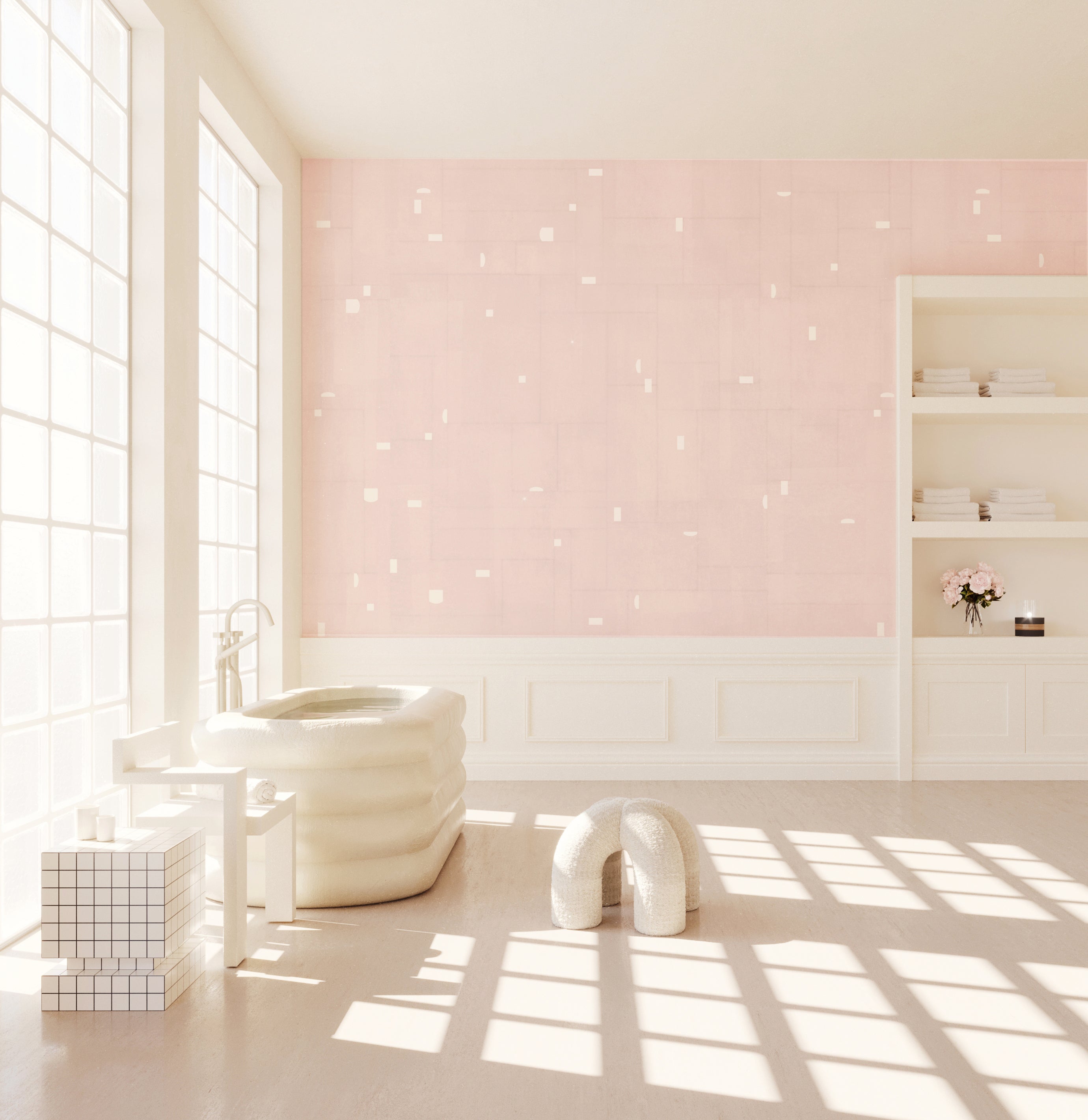 The Geometrico© Wallpaper in Moon Lady in a bathroom from drop it MODERN.