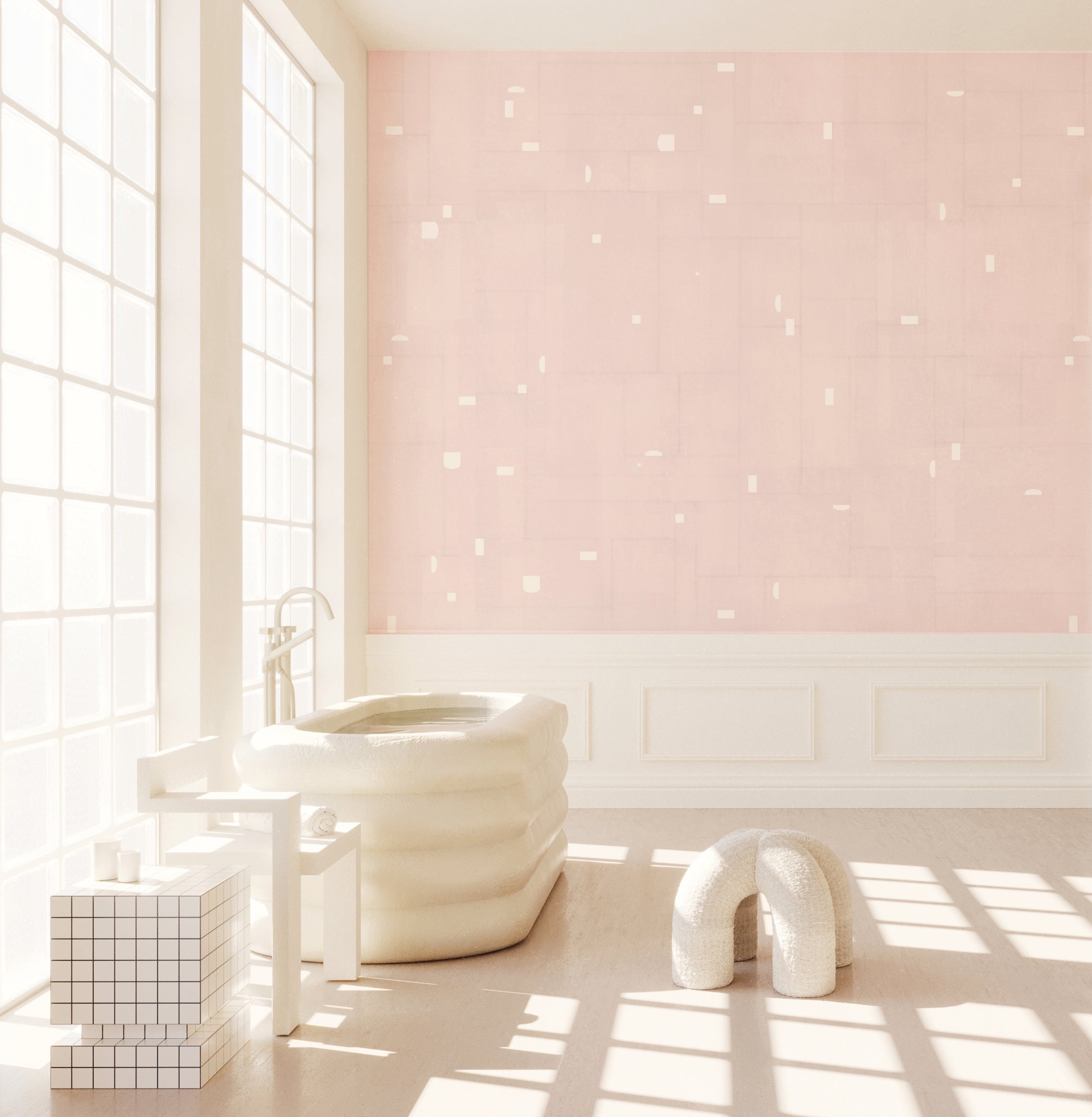 Bathroom with pink wall, white bathtub, and sink from drop it MODERN.