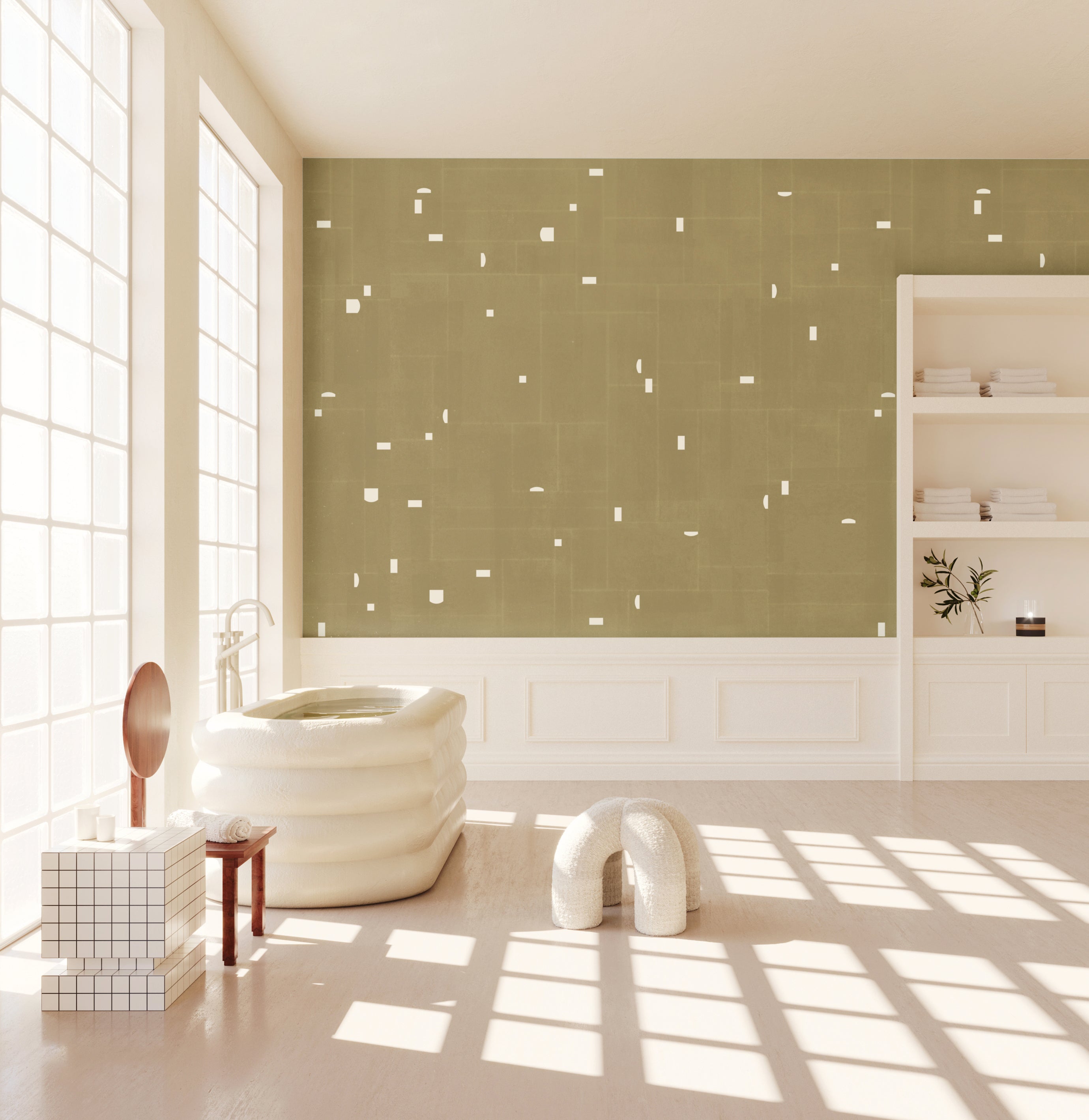 The Geometrico© Wallpaper in Turtle in a bathroom from drop it MODERN
