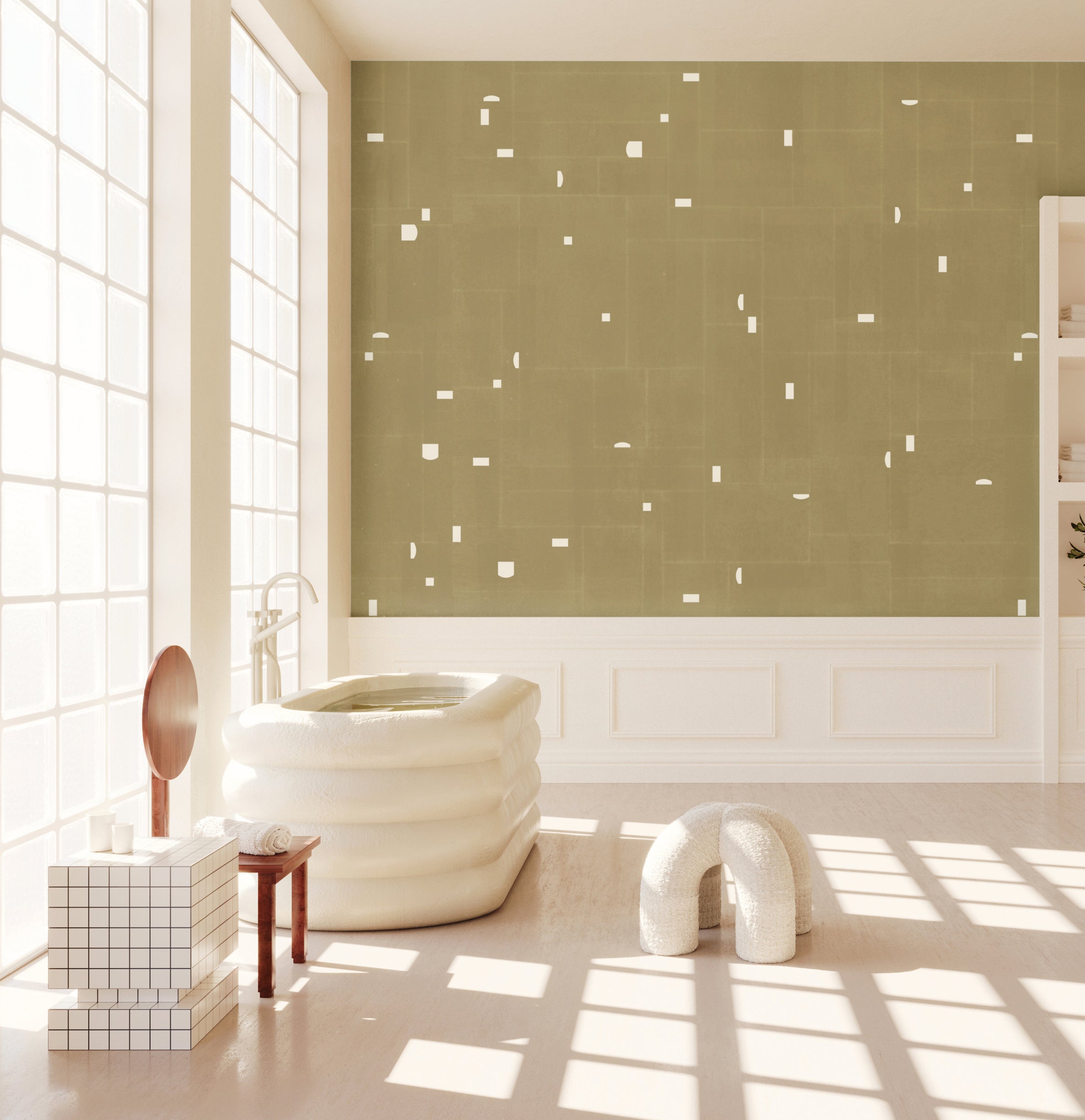 The Geometrico© Wallpaper in Turtle in an interior from drop it MODERN